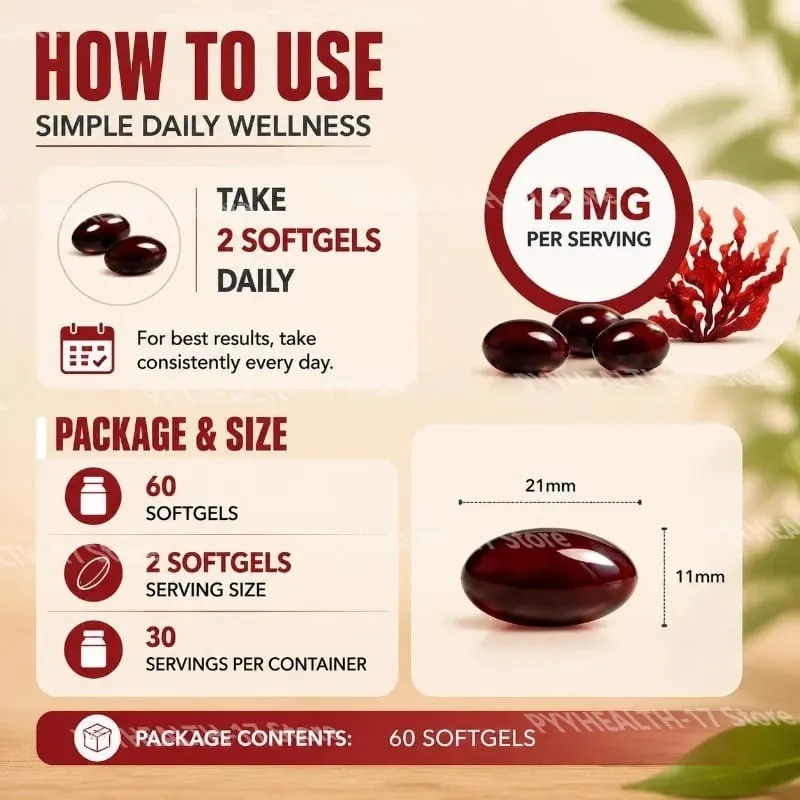 Astaxanthin softgels fra mikroalger fremmer kollagenproduktion Sojafri glutenfri ikke GMO Triple Strength 120 softgels — image 5
