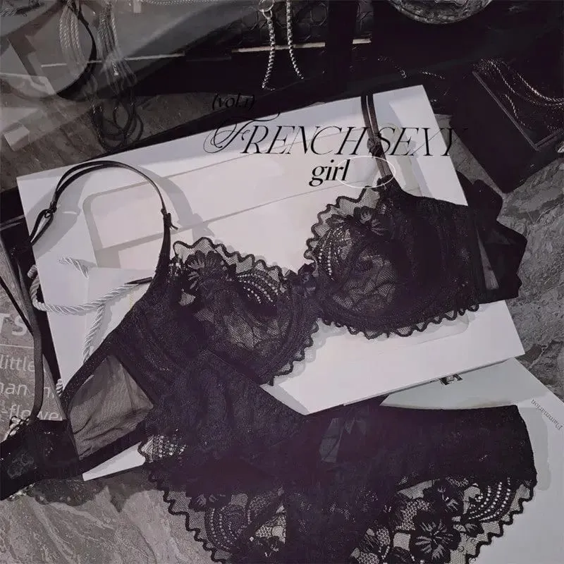 Chic French Ultra-thin Lace Lingerie Set Large Breasts See-through Underwire Bra small Bust Lift Elegant Soft Feminine Set S-xl