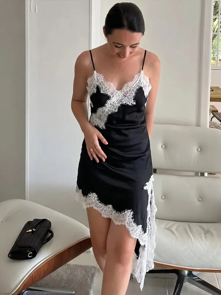 HH 2026 Female Summer Fashion Solid Lace Splicing V Neck Dresses Satin Asymmetry Hem Sexy Backless Slim Mini Dress For Party — image 7