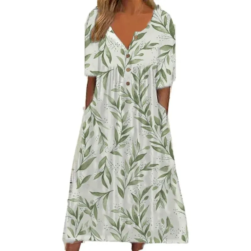 Women Dresses 2026 Spring autumn New floral printed V-neck button short-sleeved pocket long dresses women's clothing vestidoes