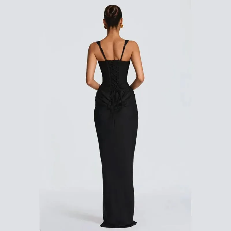 Lady Elegant Pleated Sling Dresses Solid Square Neck Sleeveless Off-shoulder Waist Cinching Dress Fashion Evening Party Gowns — image 6