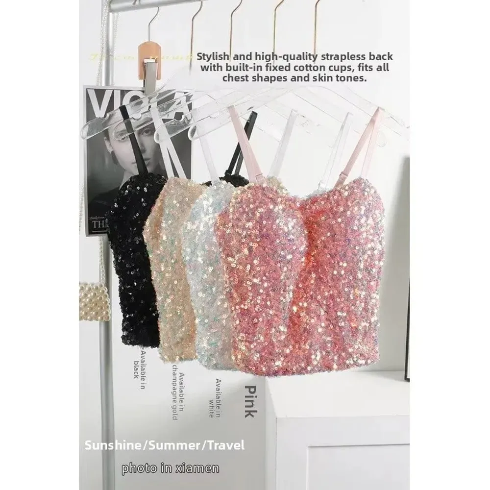 Shiny Sequin Sequin One-Piece Tank Top Fixed Wrap Chest High Elasticity Backless Vest Underwear Short Base Layer Vest Top Summer