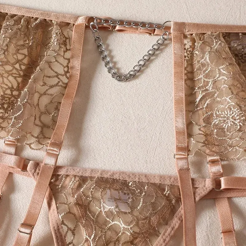 Bra + Panties + Garter + Hemline New Lace Transparent Push Up Lingerie Sets For Women Sexy Sleep Hollow Out Chain Underwear — image 6