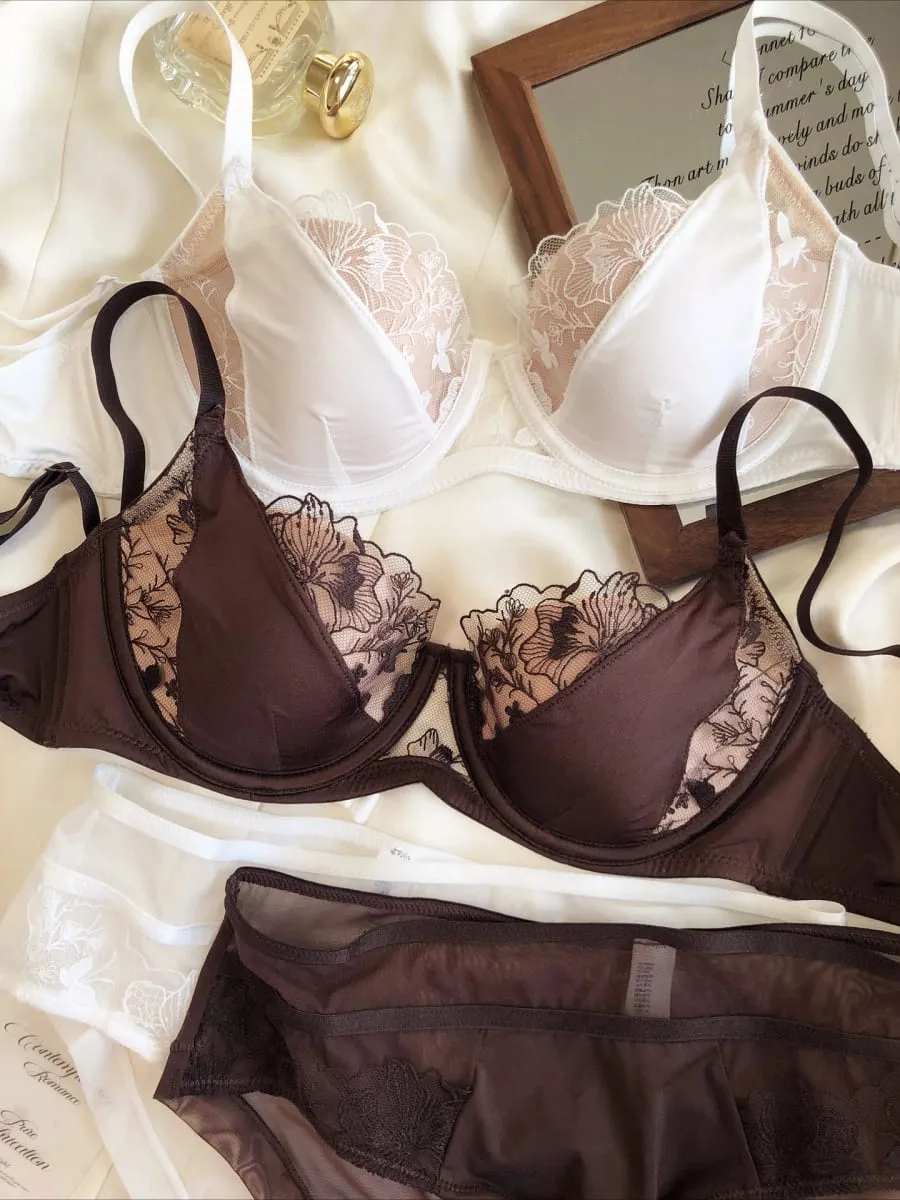 Sexy Lace Women Lingerie French Flowers Embroidery Bra Set Breathable Mesh Splicing Push Up Bras Hollow Thin Cup Underwear Sets — image 1