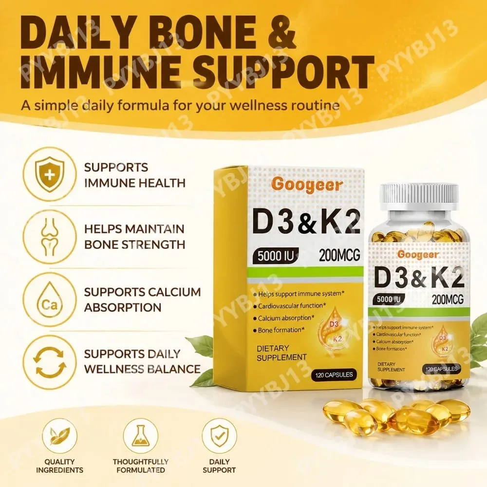 Googeer Vitamin D3 K2 Capsules 5000 IU D3 and 200 mcg K2 for Bone Health and Immune Support Dietary Supplement 120 Capsules