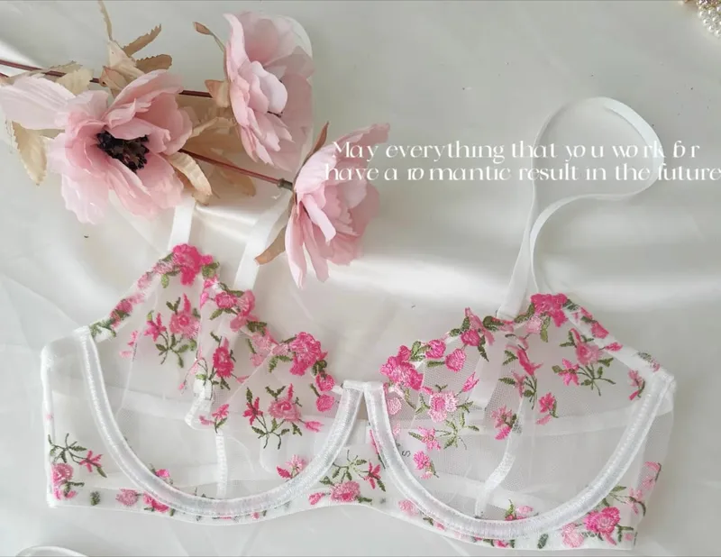 Kawaii Japanese Lingerie Set Sheer Tulle Pink Floral Embroidery Bra Bralette sek-si Pure Matching Set BANERDANNI Tushy Bras — image 6
