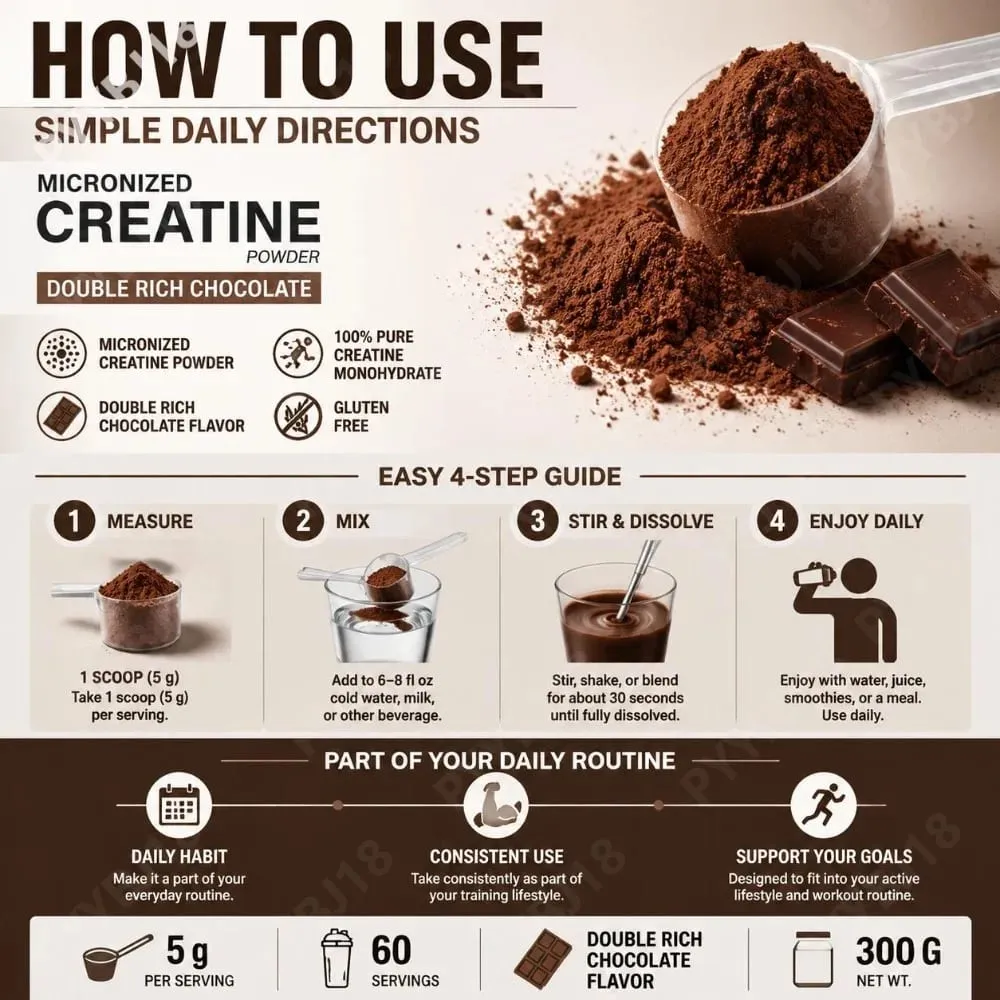 Micronized Creatine Monohydrate Powder 5g Supports Muscle Strength Workout Recovery & Training Performance Chocolate Flavor 300g — image 6