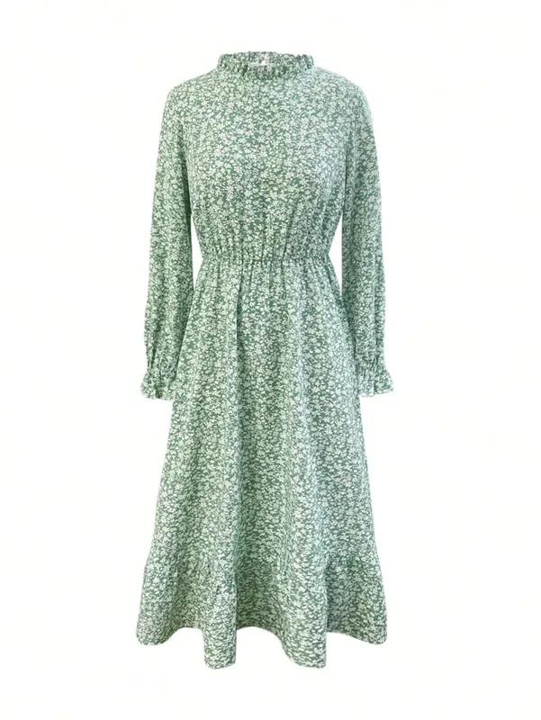 Women's Loose Midi Dress 2026 Casual 100% Polyester Ditsy Floral Print Long Sleeve with Ruffle Neck Elastic Waist & Ruffle Hem