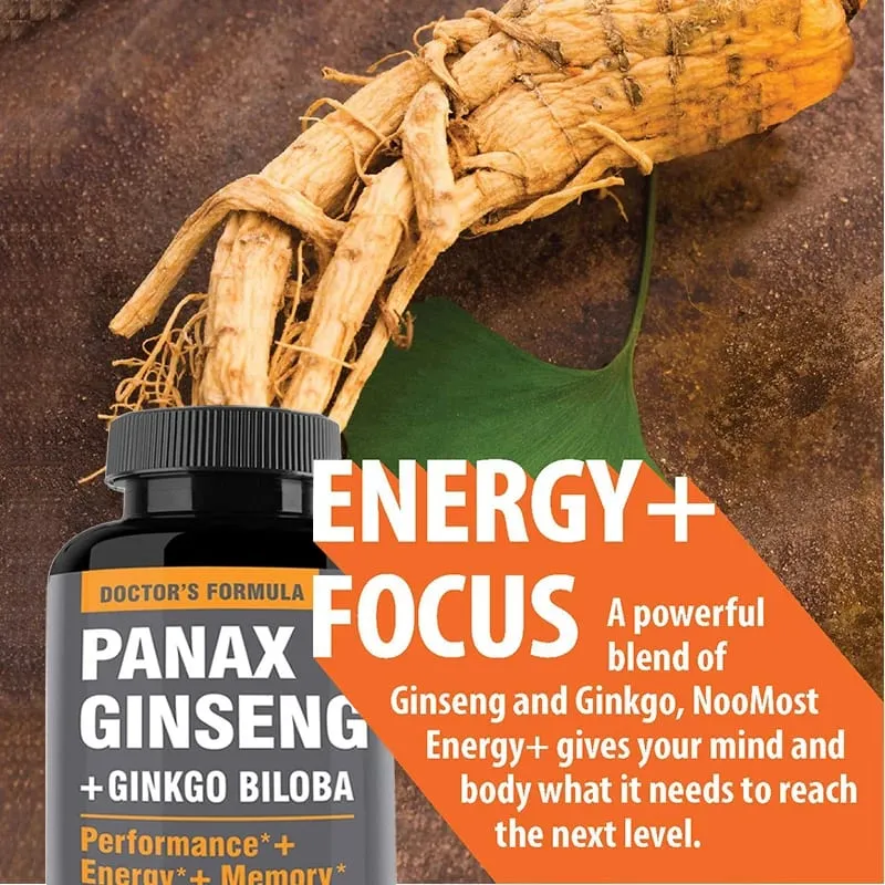 Ginseng + Ginkgo Biloba Supplement Boosts Energy Focus Supports Cognitive Athletic Performance & Heart Health 120 Caps