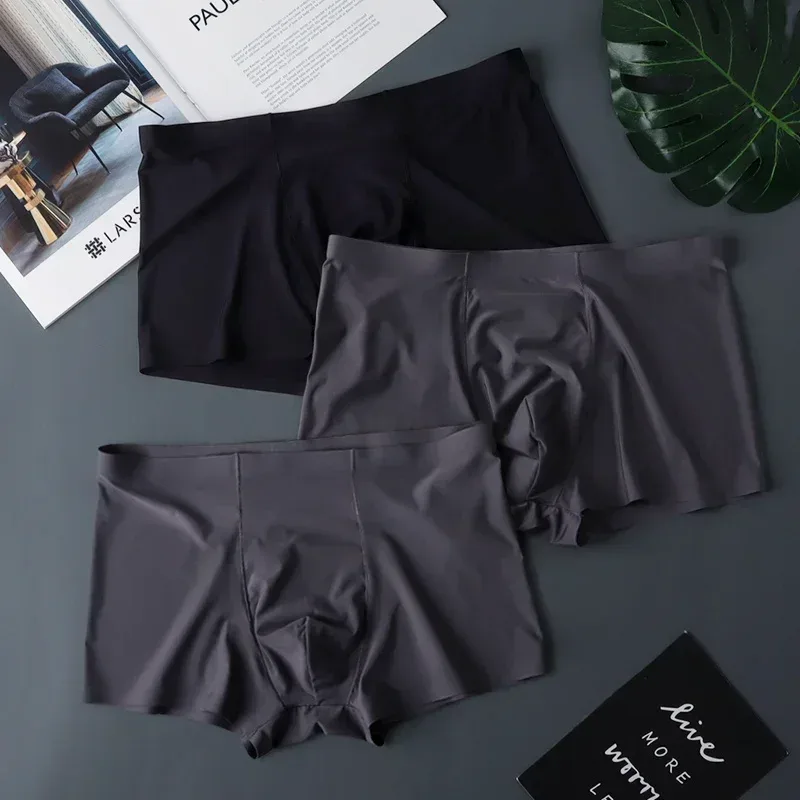 3 pièces de haute qualité hommes sous-vêtements en soie glacée été mince respirant sans couture culottes Sexy hommes caleçons grande taille — image 23
