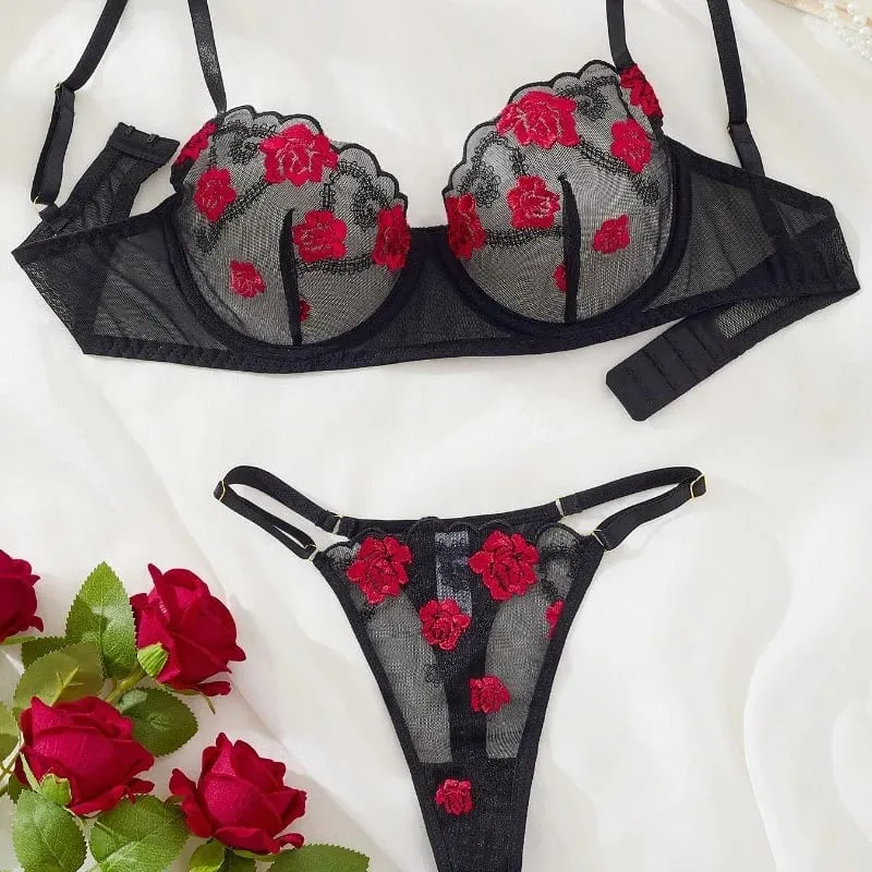 Ladies Vest Style Embroidered Lingerie Set Comfort Breathable Support Bra Underwear 2‑Piece Set For Daily Wear