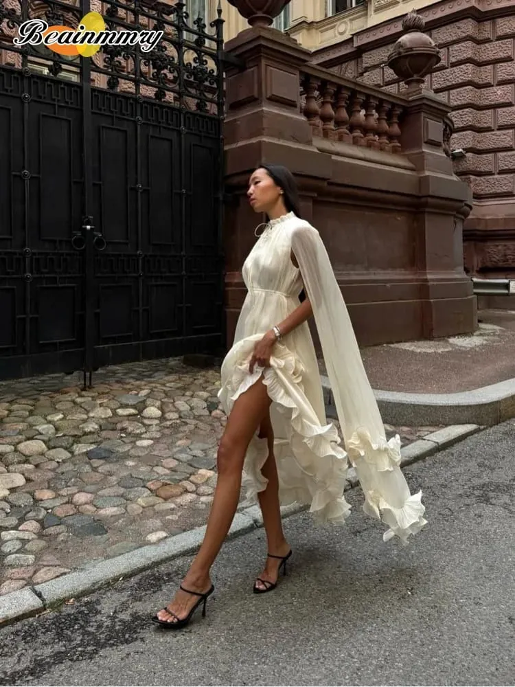 Ruffle Solid Maxi Dress Women Fashion Lapel V-neck Sleeveless Pleated High Waist Dresses 2026 Summer Lady Chic Vacation Robes — image 4