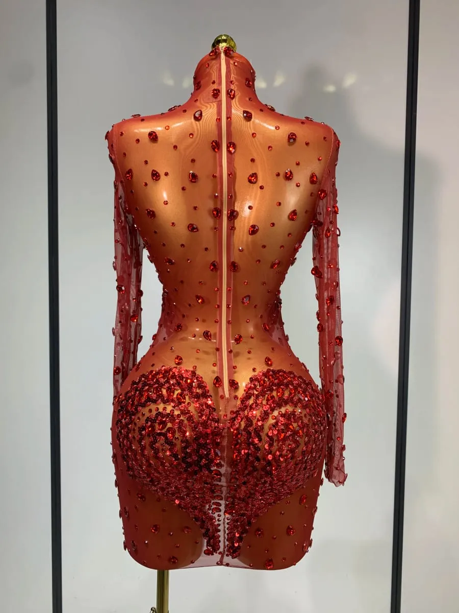 High Quality Rhinestone Sequin Sexy See Through Mesh Mini Dress Women Evening Party Nightclub Singer Stage PerformanceCostume — image 4