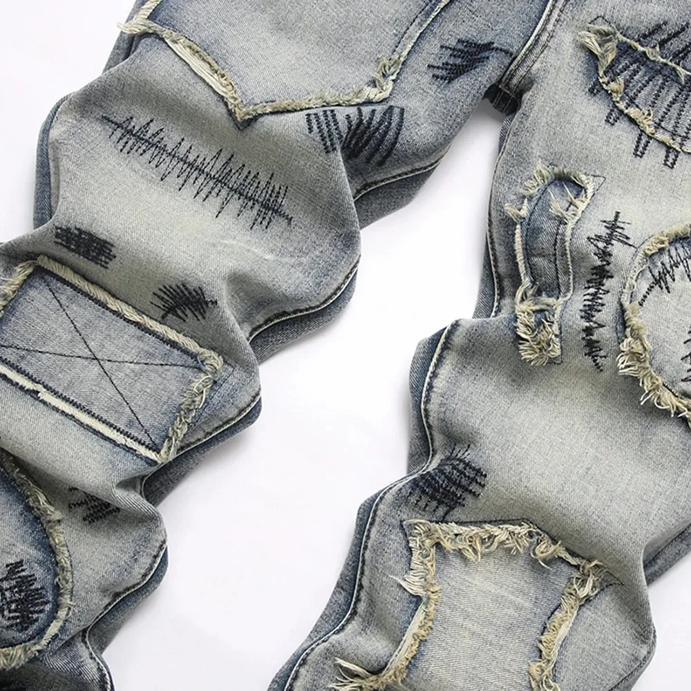 Men's Boot Cut Jeans Streetwear Patches Released Hem Pants Vintage Blue Embroidery Patchwork Flared Trousers