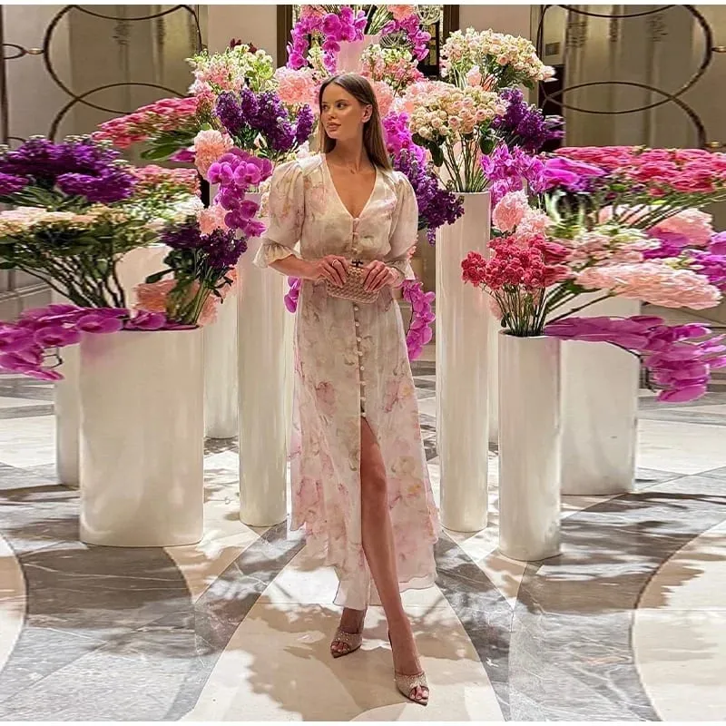 V-neck Organza Floral Chiffon Puff Sleeve Slit Long Dress Bodycon High Slit Bodycon Sexy Dresses Lady Chic Daily Sweet Date Robe — image 4