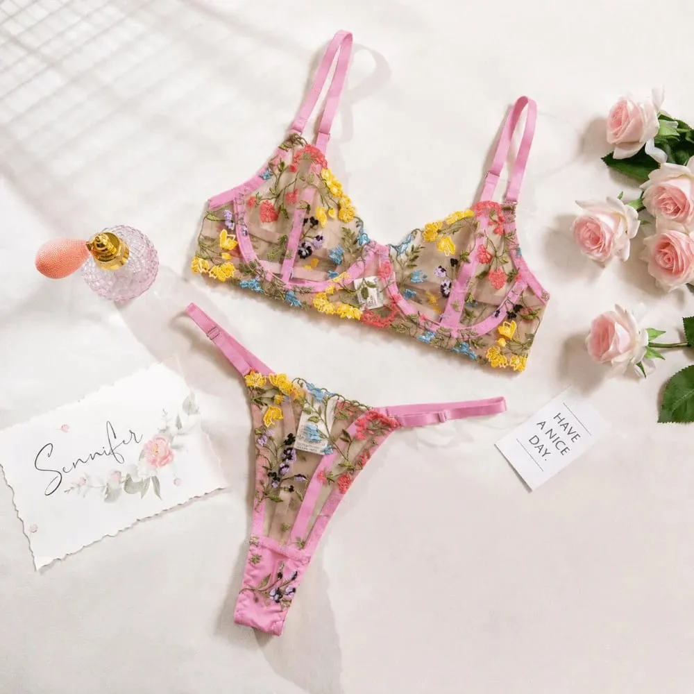 2-Piece Floral Lingerie Set Sheer Versatile Underwear Intimates Embroidery Underwire Push-up Bra Panty Set Para sa Lady Girl