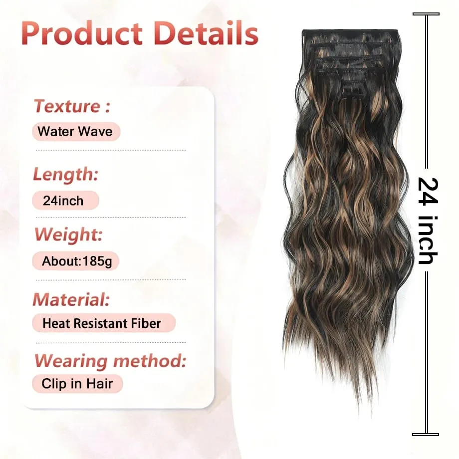 6PCS Clip in Hair Extensions Honey Blonde Mixed Light Brown 24 Inch Long Water Wavy Synthetic Hair Extensions For Women Use — image 4