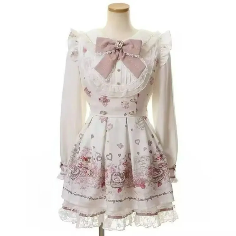 Japanese Kawaii Rhinestone Bow Dress Set Women Sweet Cute Lolita Style Lace Pearl Print Shirt Dresses Gothic Y2k Tea Party Dress — image 4