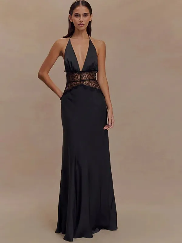 MO Patchwork Sexy Deep V-neck Lace Halter Women Maxi Dress White Backless Evening Dress Summer Slim Elegant Party Dress — image 5