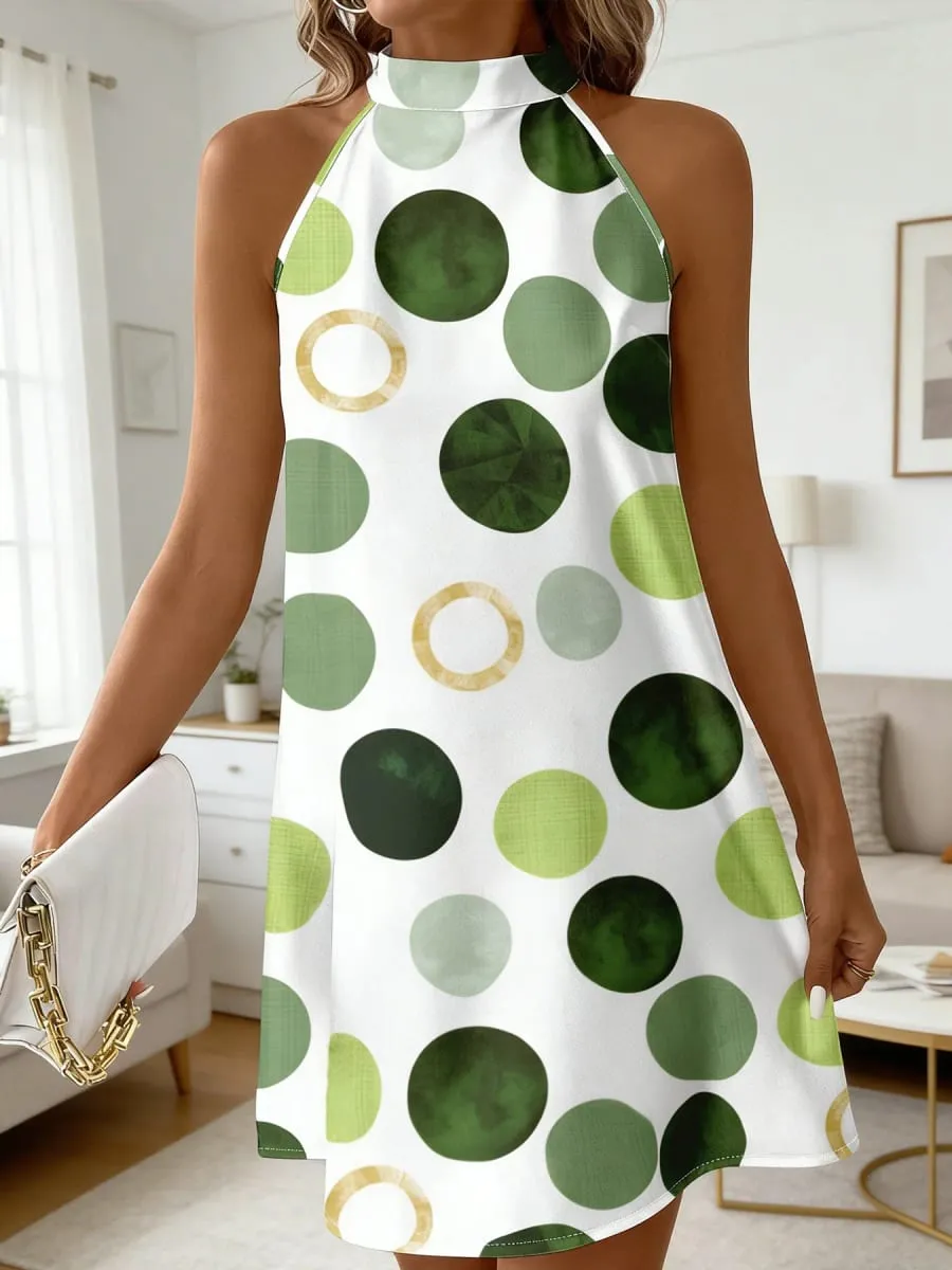 Women Sleeveless Halter Dress Back Bow Tie Polka Dot Print Loose Fit Mini Dress Summer Beach Casual Short Dresses