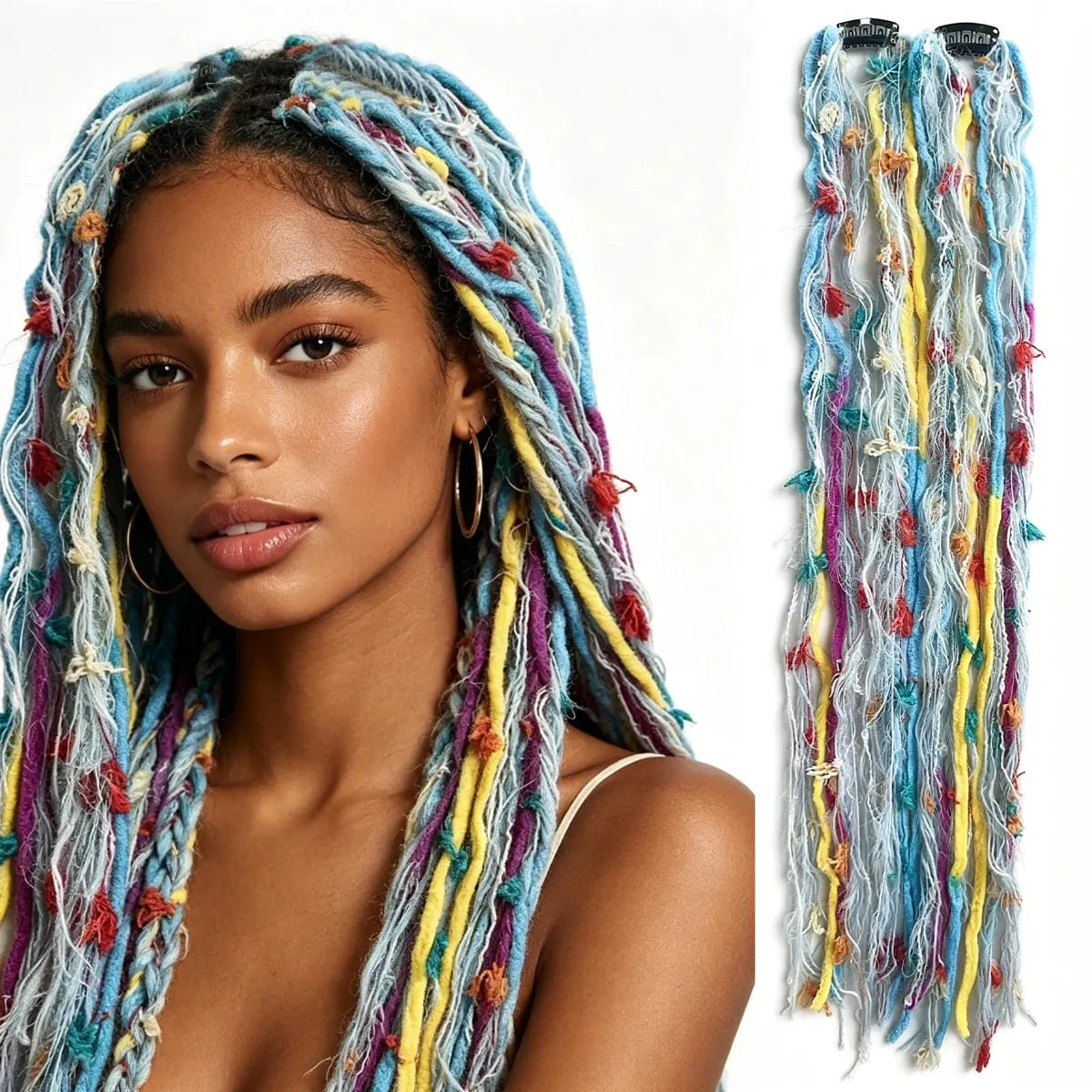 Synthetic 2Pcs Wool Yarn Dreadlock Clip Hair Extensions Maillard Long Boho Tassel Colored Vintage Braids Hair For Woman — image 6