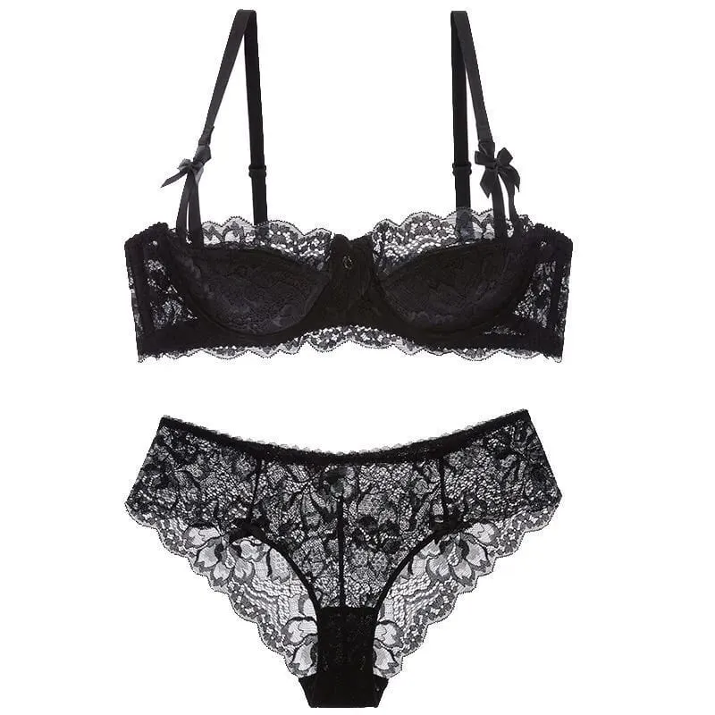 セクシー French Lace Half Cup Bra Set Bow Shoulder Strap Thin Large Bust Minimizer Pure Desire Lingerie For Teen Girls Daily Outfit — image 10