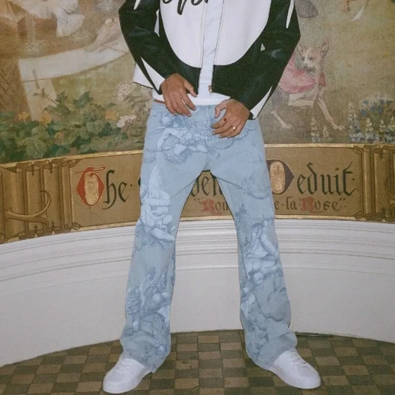 Seluar Denim Fesyen Y2K Seni Corak Klasik Seluar Jeans Malaikat Colossal Retro Gothic Hip Hop Harajuku Streetwear Lelaki Wanita Seluar Baggy