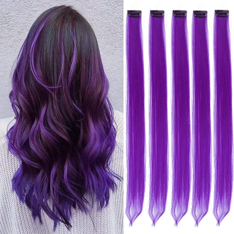 5 Pieces of Colorful Hair Clips 24 Inch Long Straight Fake Hair Clips Combined for Christmas Fashion Wig Pieces — image 9