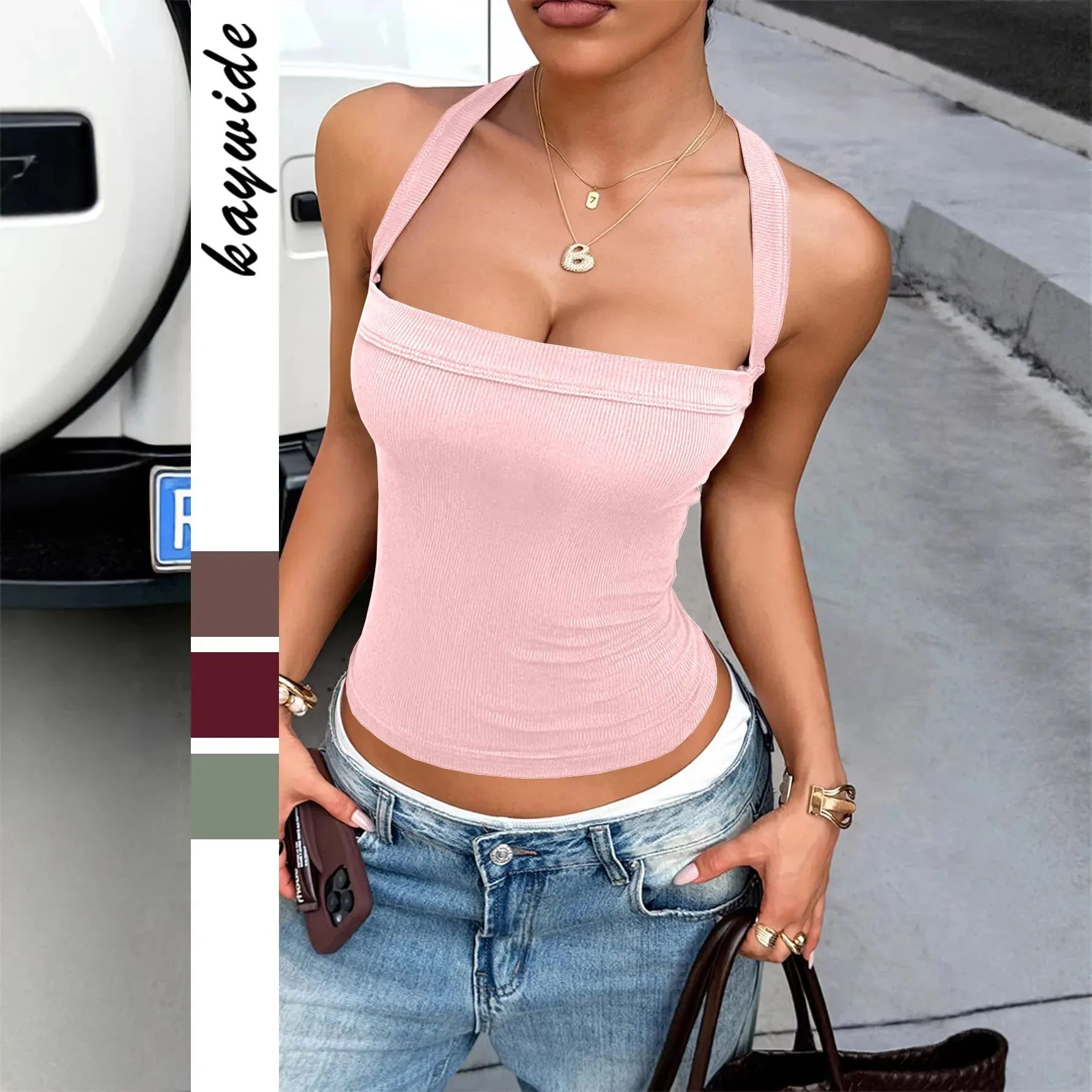 Women Ribbed Knit Camis Top Square Neck Wide Strap Cross Shoulder Strap Slim Fit Crop Tank Top Y2K Streetwear Sporty Daily Vest — image 3