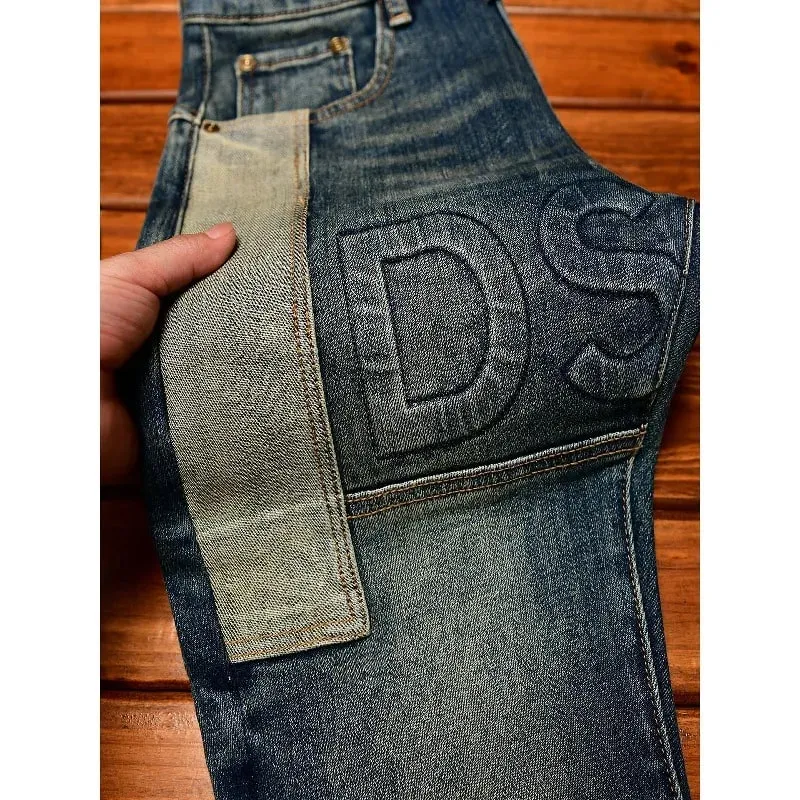 Fashionable high-end jeans for men slim fit small feet washed retro patchwork design trendy and luxurious men's pants — image 4