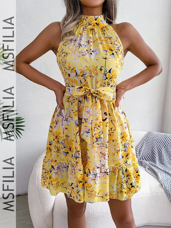 Msfilia Spring Summer Sexy Leopard Print Ruffled Dress Women Sleeveless Lace Up A Line Halter Neck Mini Dress