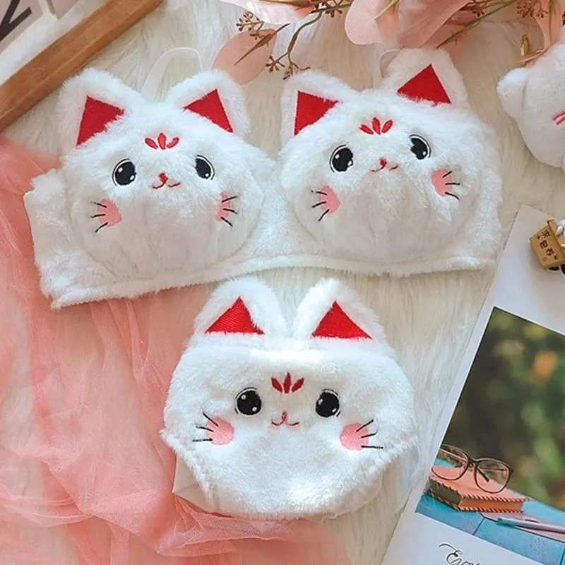 Cute Cartoon Furry Cat Ears Lingerie Bras Underpants Underwear Two Piece Sets Sweet Warm Winter Plush Underwear Set New — image 7