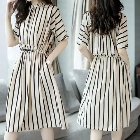 New Women Summer Vertical Stripe Print Dress Lady Waist-Fitting Mid-Length Dress Woman Loose Casual Dress Ladies Outdoor Casual