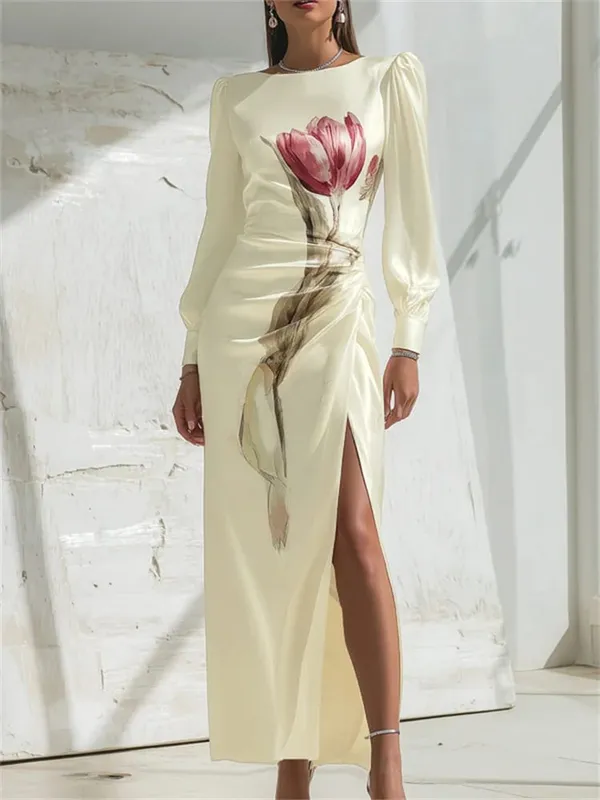Yeezzi Women Elegant Floral Printed High Split Evening Maxi Dresses 2026 New Long Puff Sleeves Pleated Date Night Party Dress