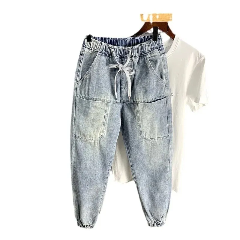 Novo outono de luxo streetwear coreano harajuku estiramento fino sólido denim casual calças lápis calças jeans baggy calças de carga