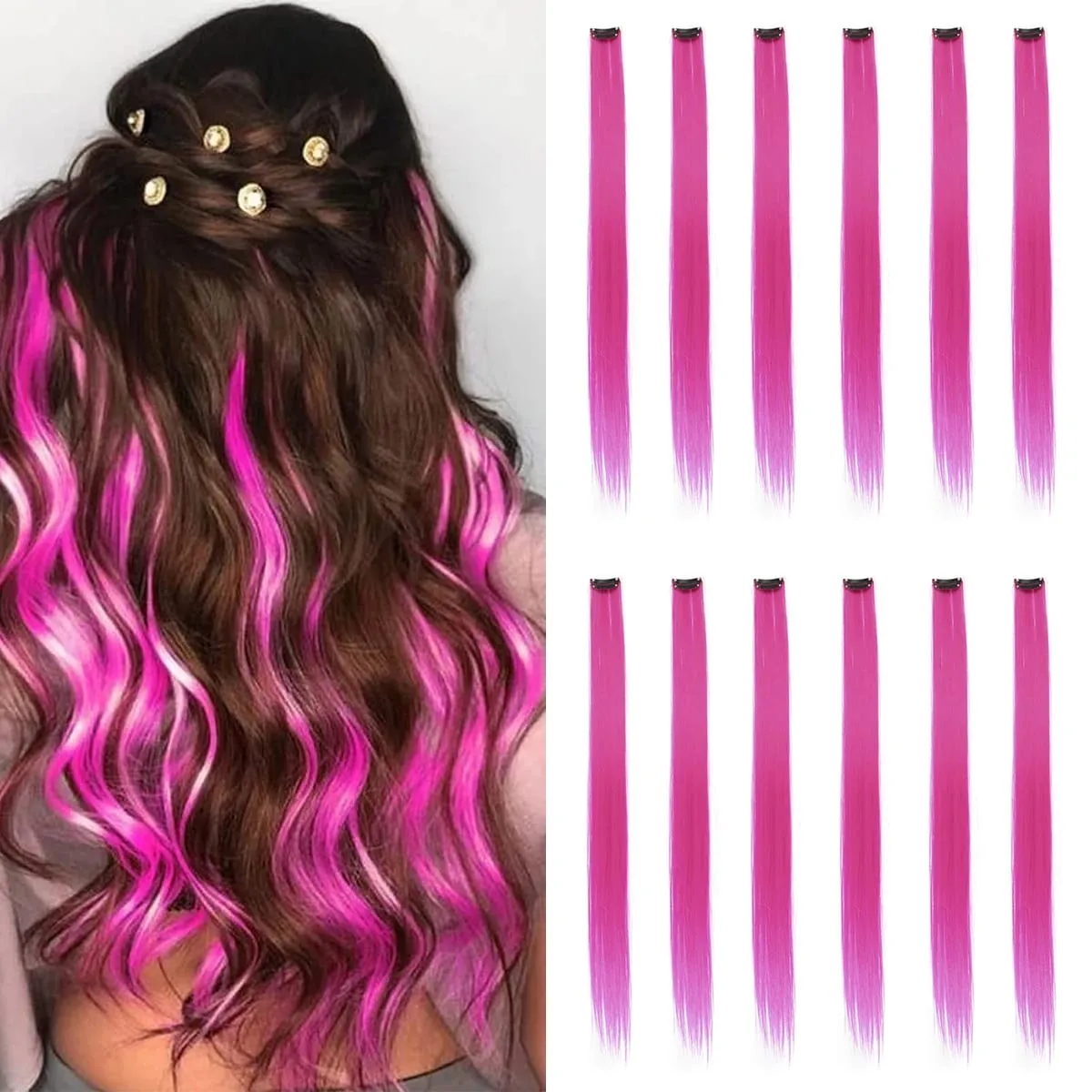 Farbige Haarverlängerungen, lila Farbe, Clip-in-Haarverlängerung, 12 Stück, Highlight, buntes Haarteil, gerade synthetische Haarteile