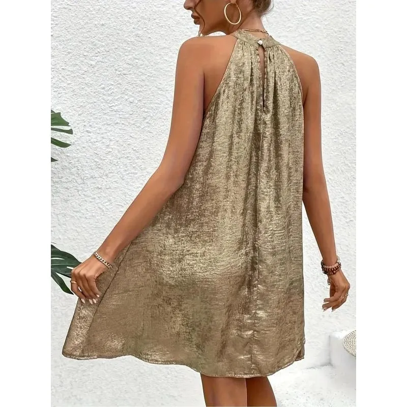 Champagne Color Women's Halter Neck Cold Shoulder Tie-Back Spaghetti Strap Sleeveless Summer Dress Fashion — image 3