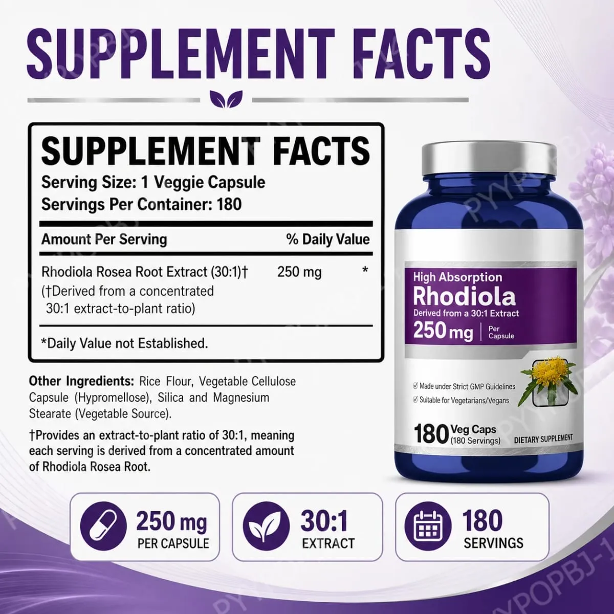 Rhodiola Rosea Supplement 180 Capsules 250mg Plant Extract per Serving Stress Reduction Energy Boost Cognitive Function Support