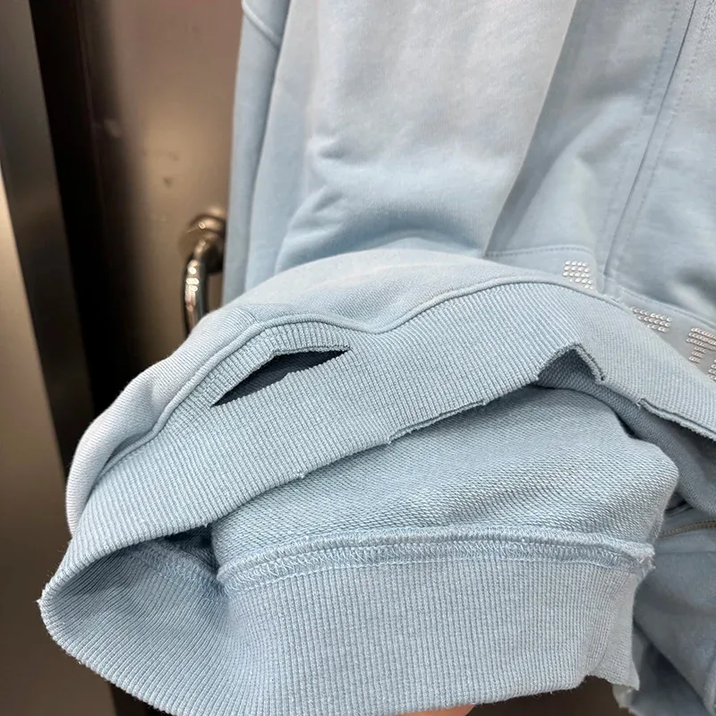 Light Blue PALY Letter Crystal Hoodie Ripped Washed Fashion Patch High Street Casual Men Women 1:1 Zipper Sweatshirts — image 10