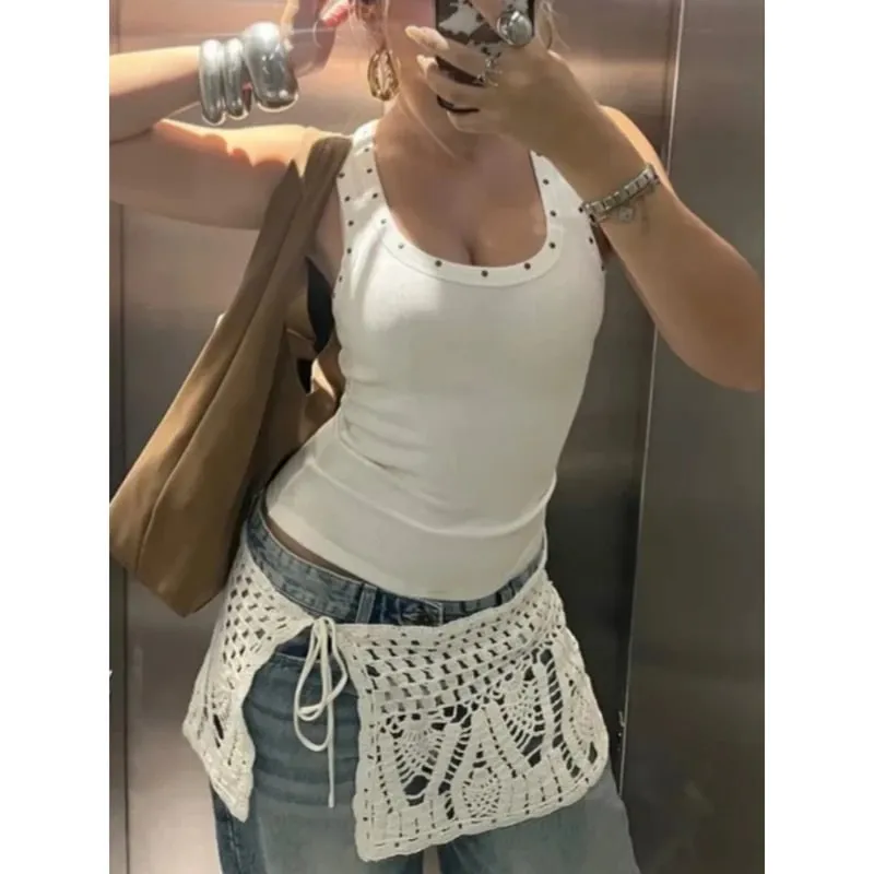 Combhasaki Women Studded Ribbed Knit Tank Top Rivets Trim Sleeveless Fit Crop Tops Low Scoop Neck Punk Going Out Vest Streetwear — image 2