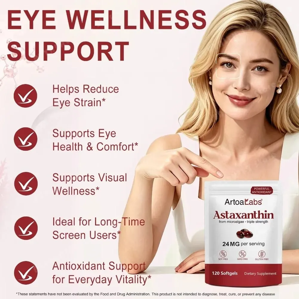 Astaxanthin Softgels 24mg Triple Strength Kraftfuld antioxidant Øjensundhedsstøtte Mikroalger Sojafri Glutenfri 120 Antal — image 3