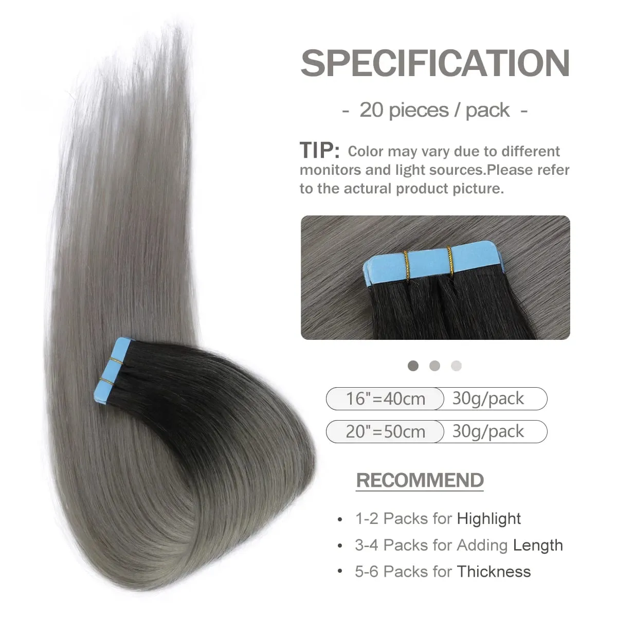Black to Light Gray Color Tape in Hair Extensions Human Hair Seamless Tape Hair Extensions Skin Weft PU Tape On Hair 20Pcs 30G