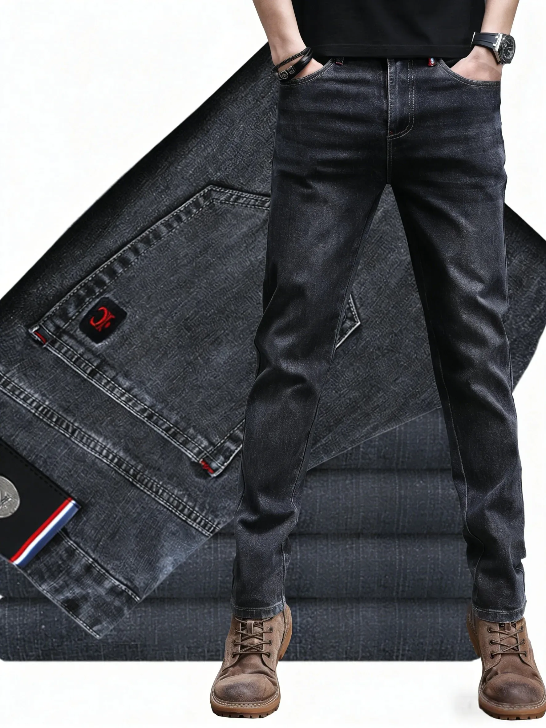 Men's New Stylish Embroidered Back Pocket Slim Fit Stretchy Jeans European Style Versatile Long Trousers