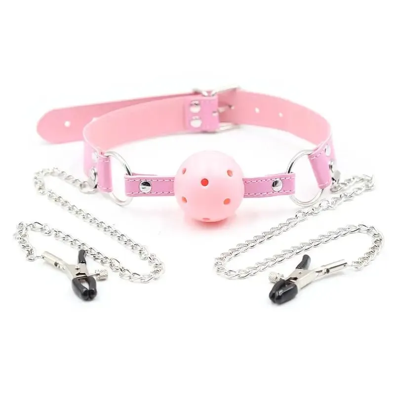 New Erotic Toy PU Leather Mouth Gag Ball Oral Sex With Chain Clip Breast Nipple Clamps Bondage Harness Sex Toys Adult Games — image 7