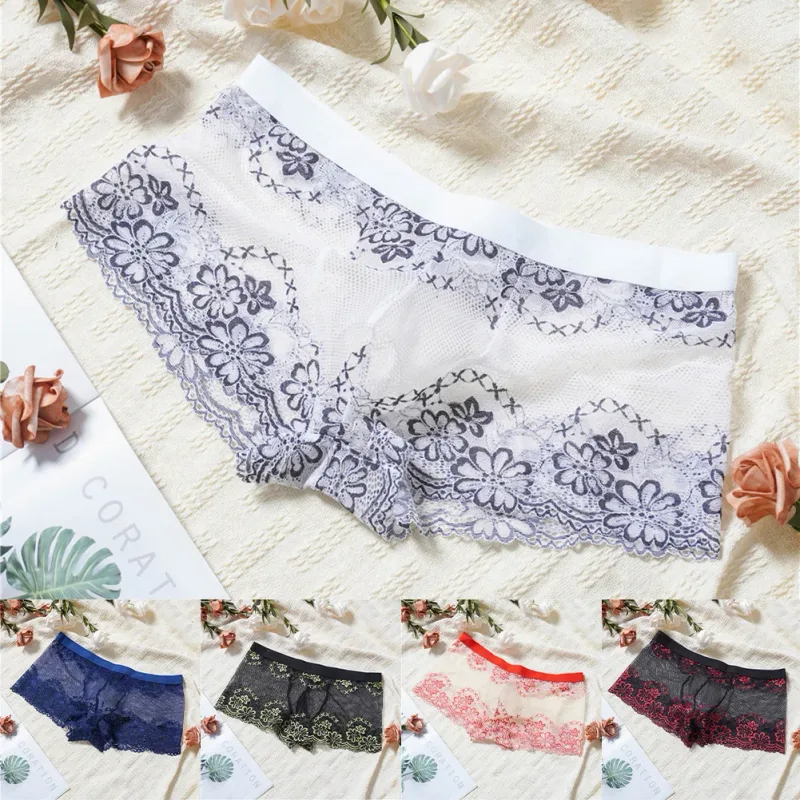 Men Lace Jacquard Mesh Boxer Shorts Underwear Hollow Temptation Exotic Trunks Silk Soft Quick Dry Breathable Sexy Panties — image 9