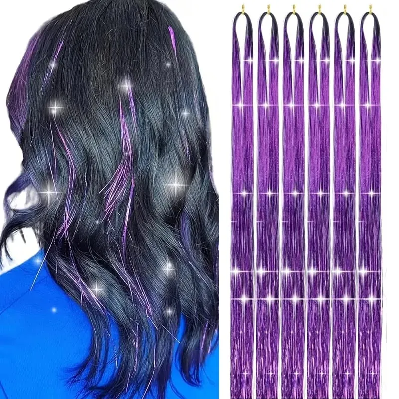 6pcs/set 38Inch Long Sparkling Fairy Hair Tinsel Rainbow Extensions Suitable for Braids Ponytails Shiny Strands Accessories