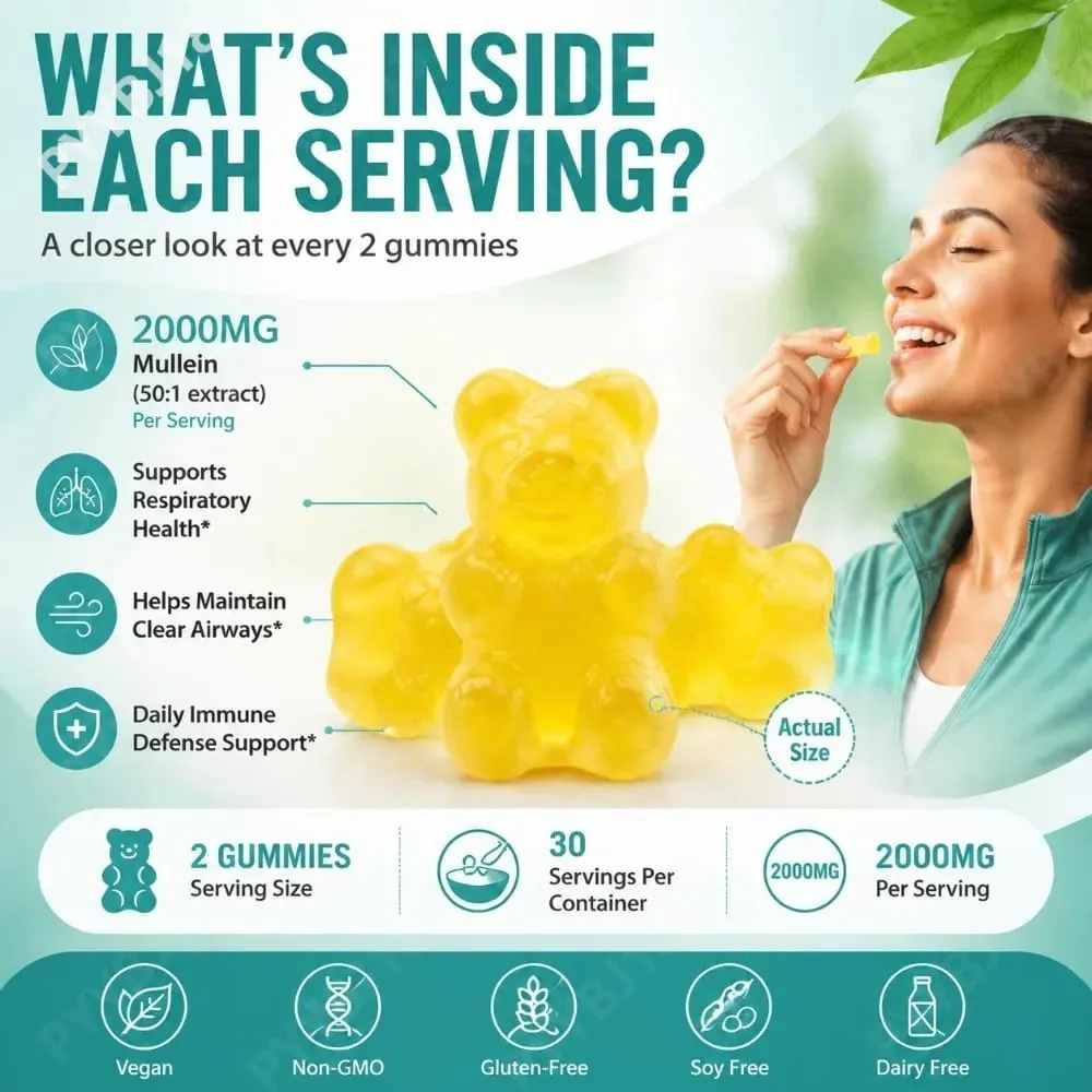 ArtoaLabs Mullein Gummies 2000mg 50:1 Extract for Respiratory Health & Clear Airways Supports Daily Immune Defense 60 Gummies — image 6