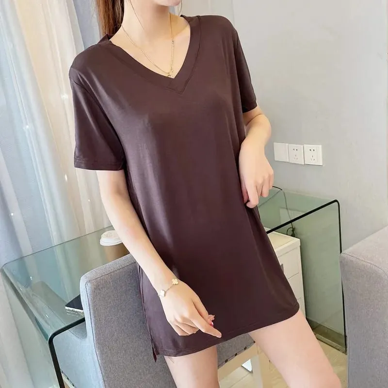 Loose Modal Short Sleeve V-Neck Midi Dress Thin Home Clothes Sleepwear Women's Base Skirt Comfortable plus Size Casual Style — image 7