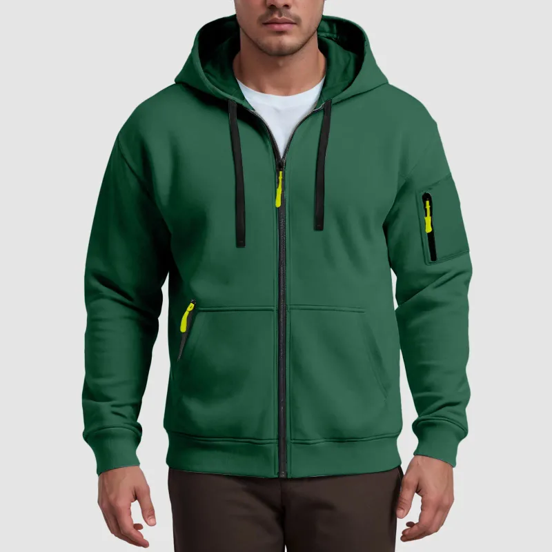 Men's Hoodies Solid Color Loose Zip Up Jacket Arm Zipper Pocket Hoodies Sand Hoodie Men — image 5