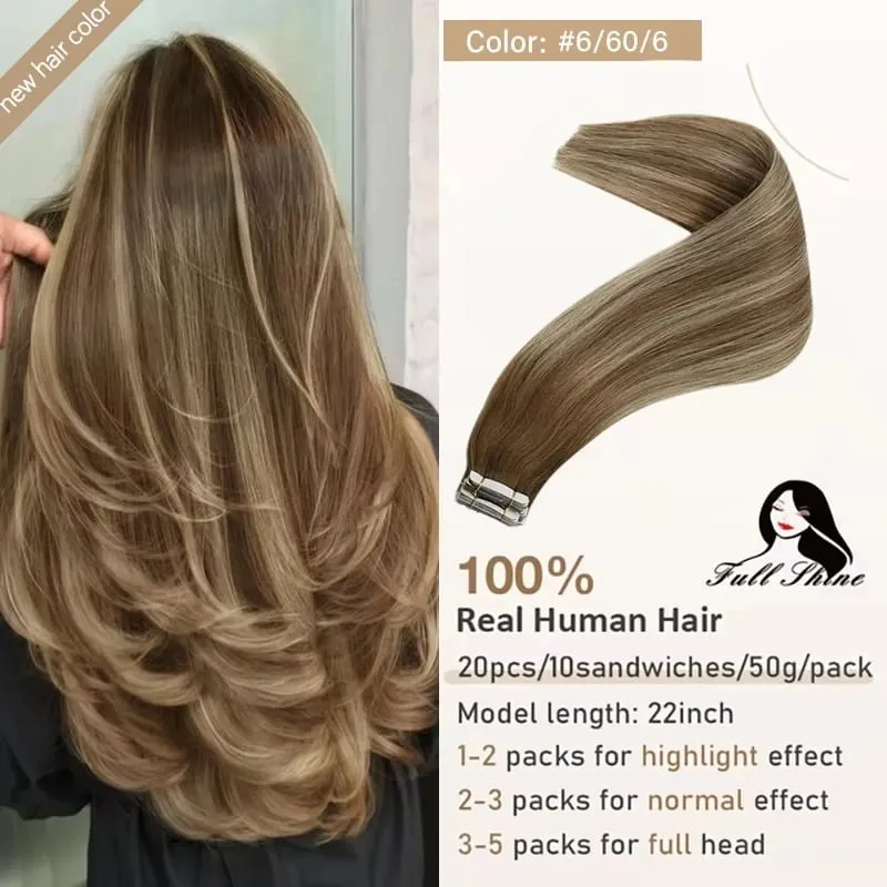 Full Shine Tape in Hair Extensions 20Pcs Skin Weft Remy Straight Hair Glue on Brazilian Hair for Women